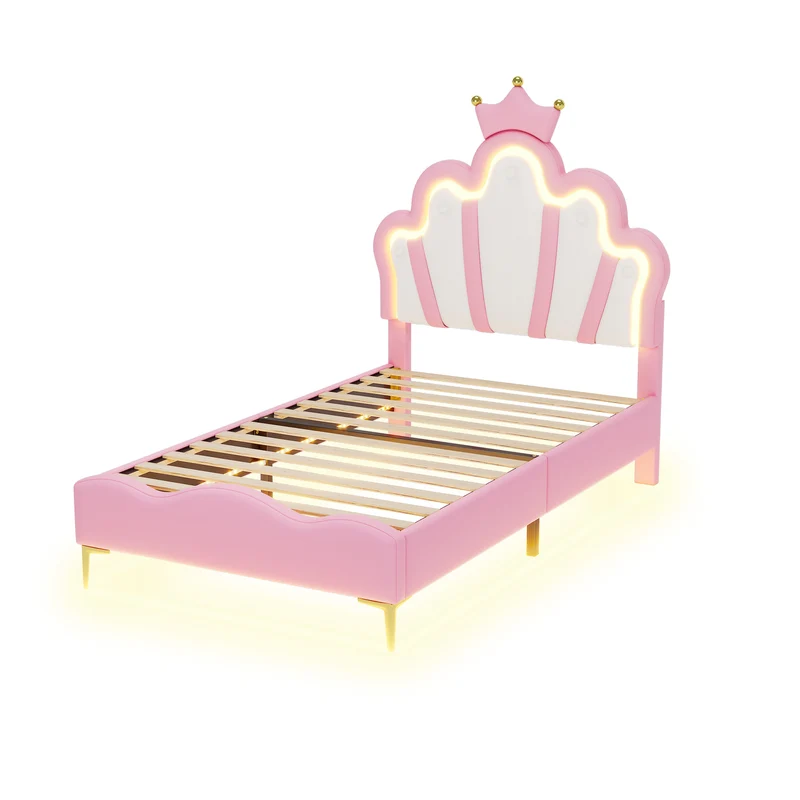 Lit enfant double princesse couronne PU rose avec LED réglable 90x200cm FLAREVAEL