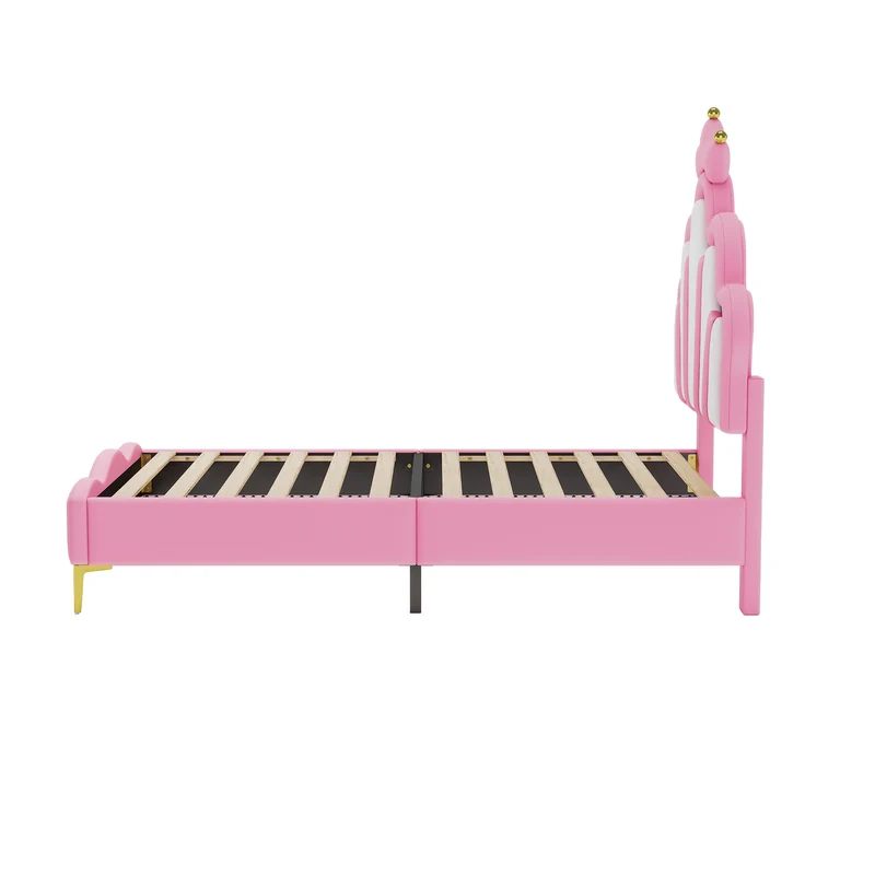 Lit enfant double princesse couronne PU rose avec LED réglable 90x200cm FLAREVAEL