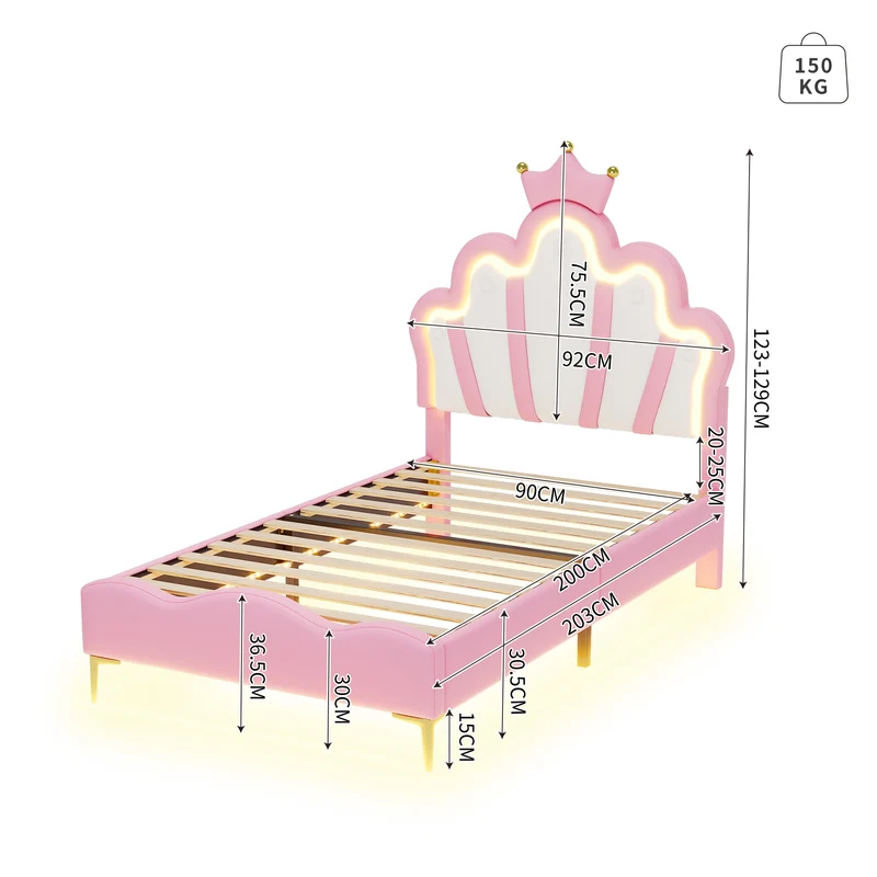 Lit enfant double princesse couronne PU rose avec LED réglable 90x200cm FLAREVAEL