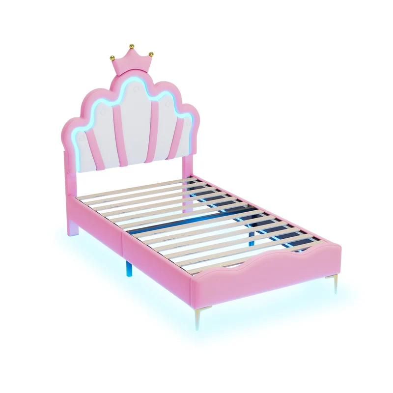 Lit enfant double princesse couronne PU rose avec LED réglable 90x200cm FLAREVAEL