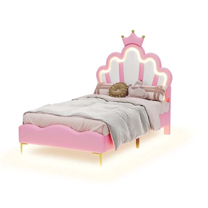 Lit enfant double princesse couronne PU rose avec LED réglable 90x200cm FLAREVAEL