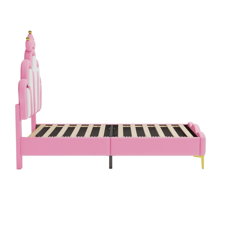 Lit enfant double princesse couronne PU rose avec LED réglable 90x200cm FLAREVAEL
