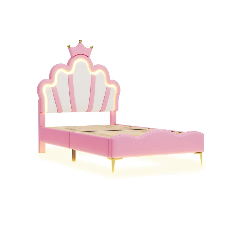 Lit enfant double princesse couronne PU rose avec LED réglable 90x200cm FLAREVAEL