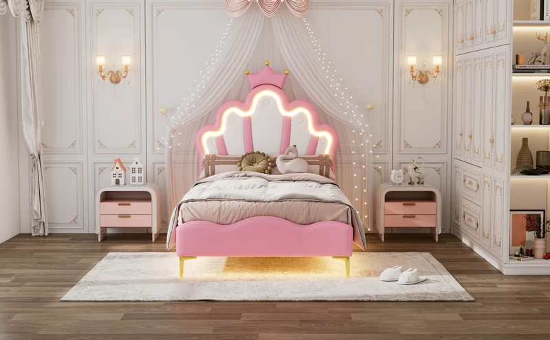 Lit enfant double princesse couronne PU rose avec LED réglable 90x200cm FLAREVAEL