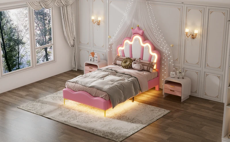 Lit enfant double princesse couronne PU rose avec LED réglable 90x200cm FLAREVAEL