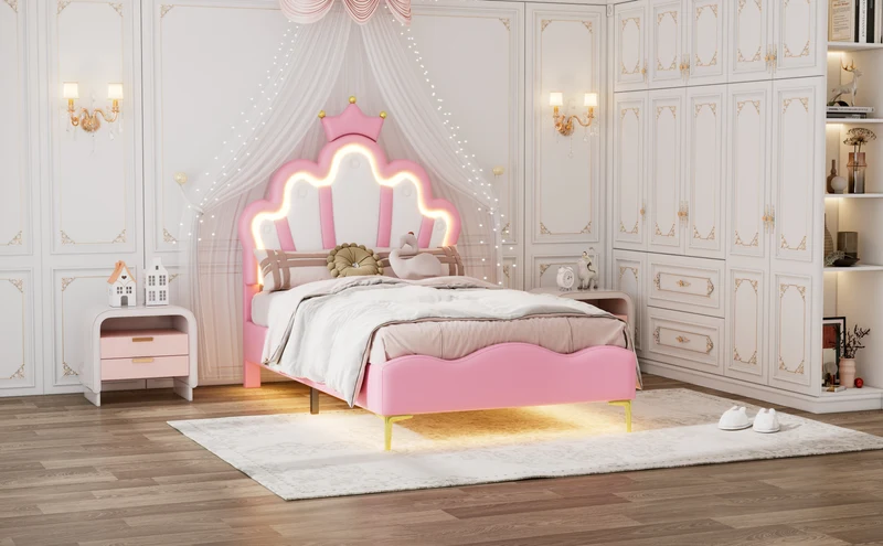 Lit enfant double princesse couronne PU rose avec LED réglable 90x200cm FLAREVAEL