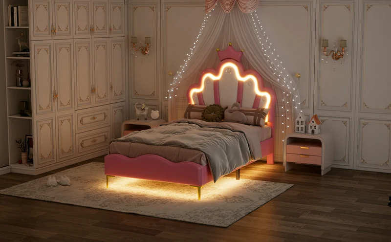 Lit enfant double princesse couronne PU rose avec LED réglable 90x200cm FLAREVAEL