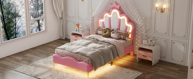 Lit enfant double princesse couronne PU rose avec LED réglable 90x200cm FLAREVAEL
