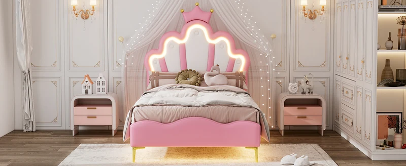 Lit enfant double princesse couronne PU rose avec LED réglable 90x200cm FLAREVAEL