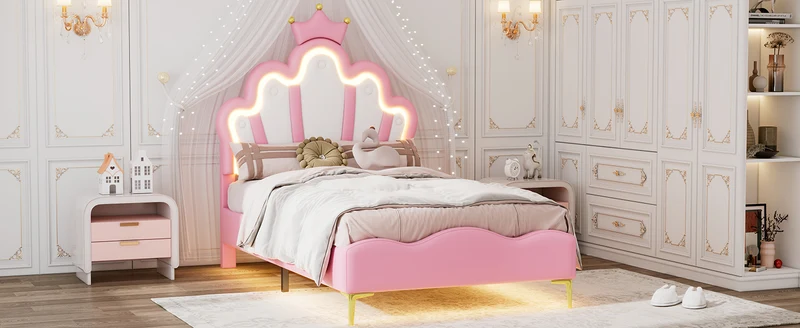 Lit enfant double princesse couronne PU rose avec LED réglable 90x200cm FLAREVAEL
