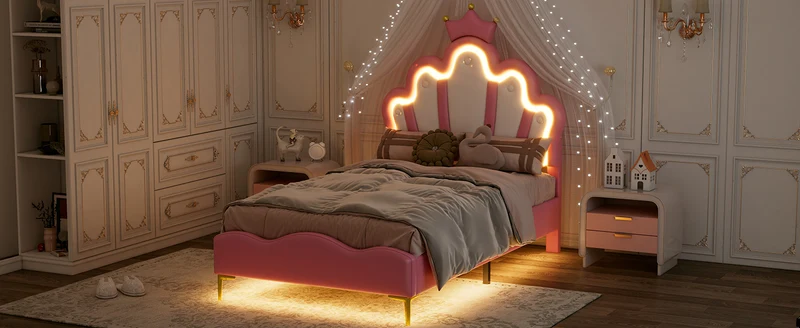 Lit enfant double princesse couronne PU rose avec LED réglable 90x200cm FLAREVAEL