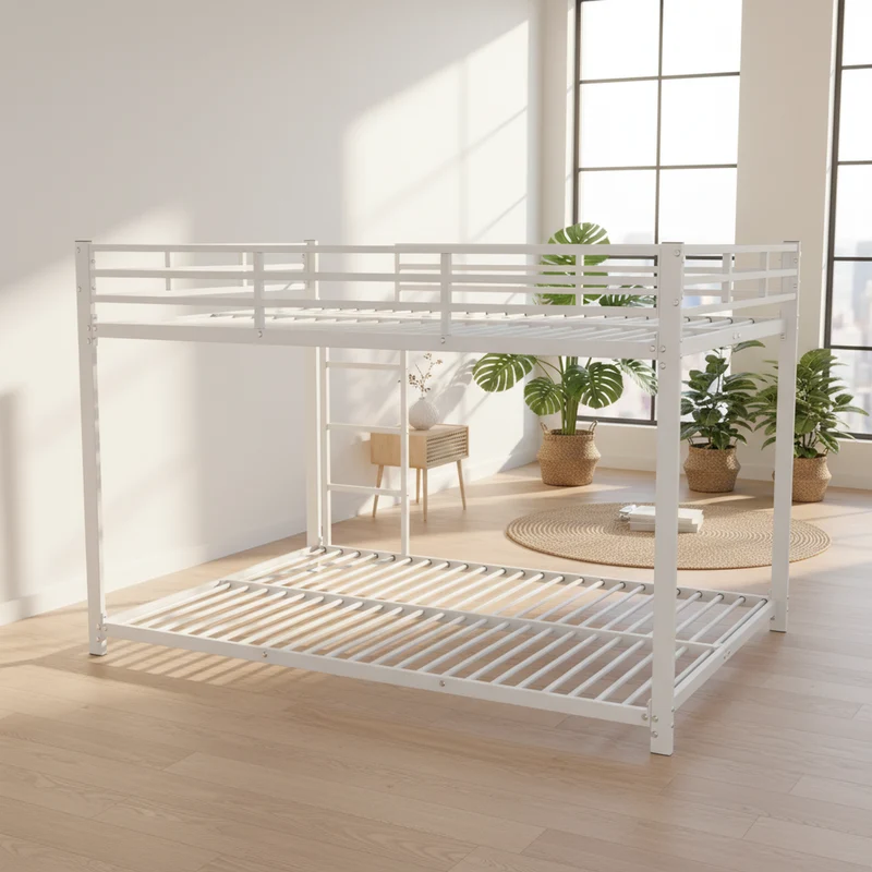 Lit double superposé en métal blanc échelle droit, sécurité enfant, 140x200cm INFINITEPULSE