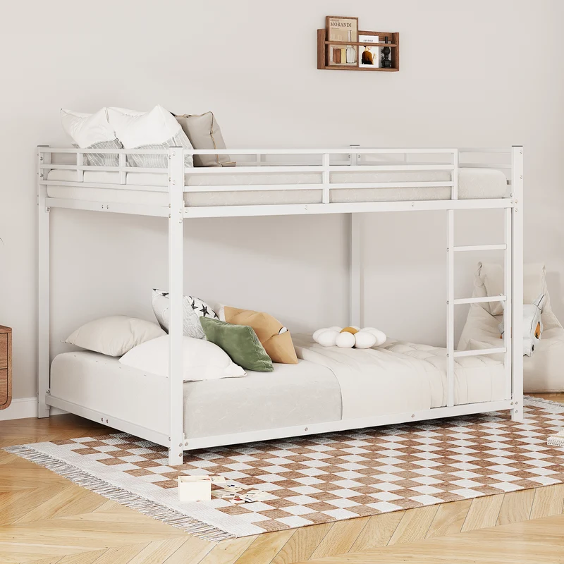 Lit double superposé en métal blanc échelle droit, sécurité enfant, 140x200cm INFINITEPULSE