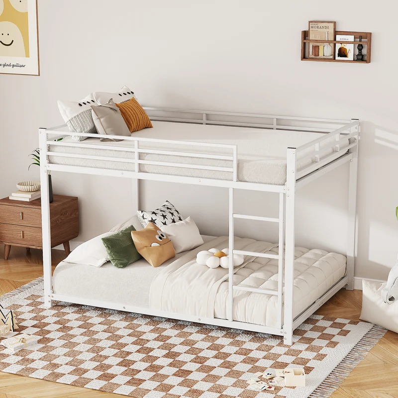 Lit double superposé en métal blanc échelle droit, sécurité enfant, 140x200cm INFINITEPULSE