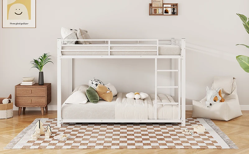 Lit double superposé en métal blanc échelle droit, sécurité enfant, 140x200cm INFINITEPULSE