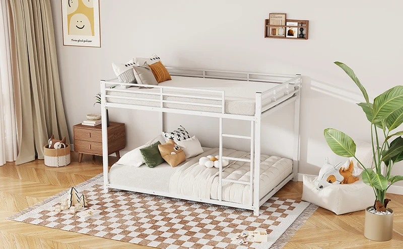 Lit double superposé en métal blanc échelle droit, sécurité enfant, 140x200cm INFINITEPULSE