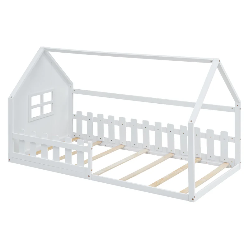 Lit enfant simple cabane en pin blanc, design maison, robuste et créatif 90x200 cm INFINITETHAL