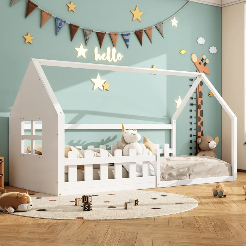 Lit enfant simple cabane en pin blanc, design maison, robuste et créatif 90x200 cm INFINITETHAL