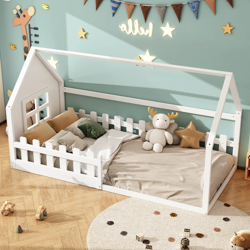 Lit enfant simple cabane en pin blanc, design maison, robuste et créatif 90x200 cm INFINITETHAL