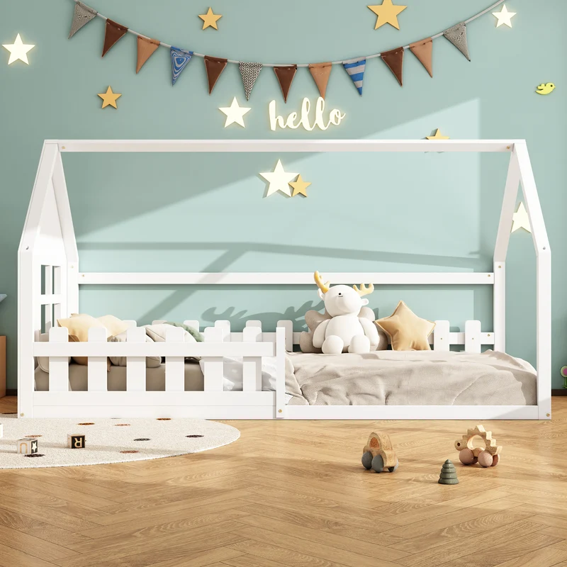 Lit enfant simple cabane en pin blanc, design maison, robuste et créatif 90x200 cm INFINITETHAL