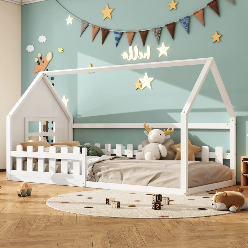 Lit enfant simple cabane en pin blanc, design maison, robuste et créatif 90x200 cm INFINITETHAL