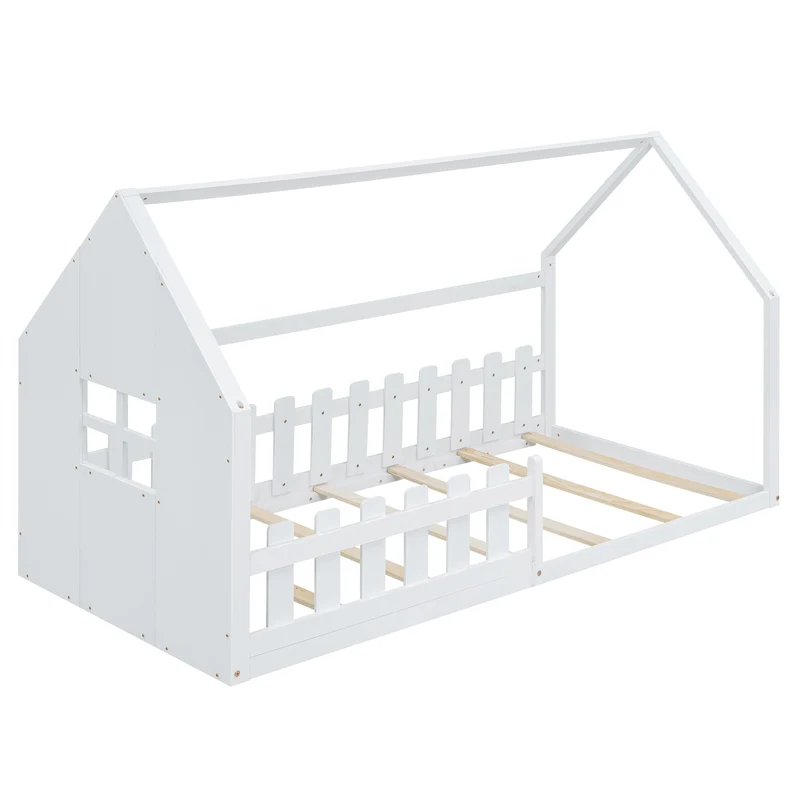Lit enfant simple cabane en pin blanc, design maison, robuste et créatif 90x200 cm INFINITETHAL