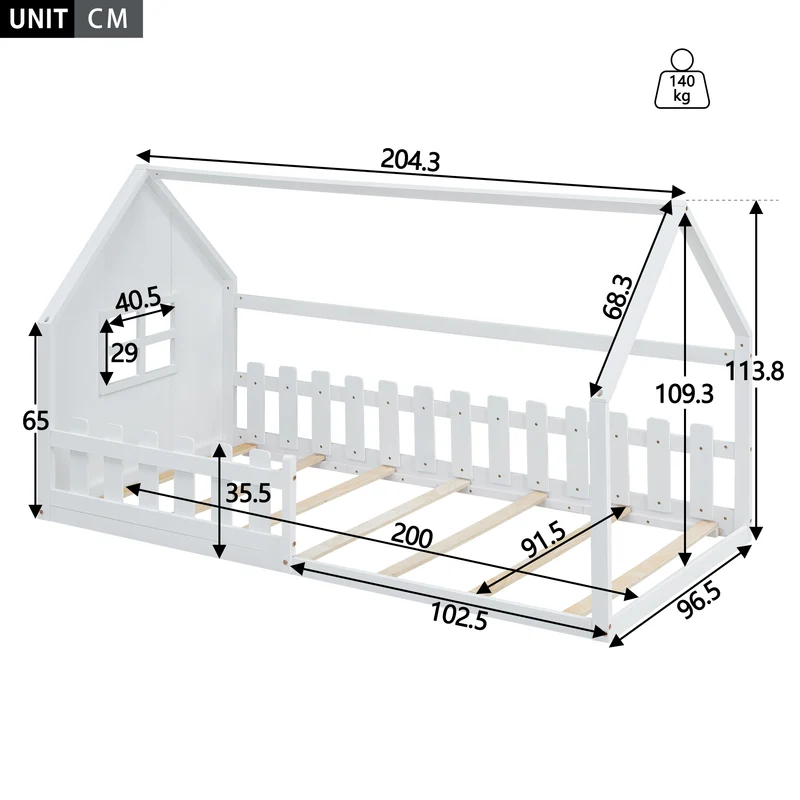 Lit enfant simple cabane en pin blanc, design maison, robuste et créatif 90x200 cm INFINITETHAL