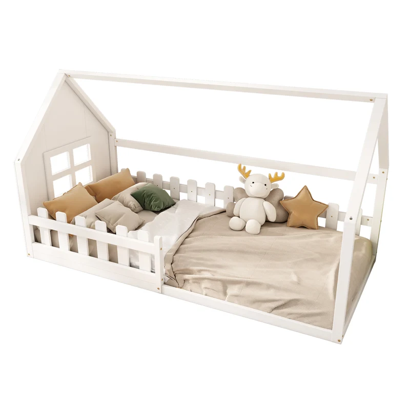 Lit enfant simple cabane en pin blanc, design maison, robuste et créatif 90x200 cm INFINITETHAL