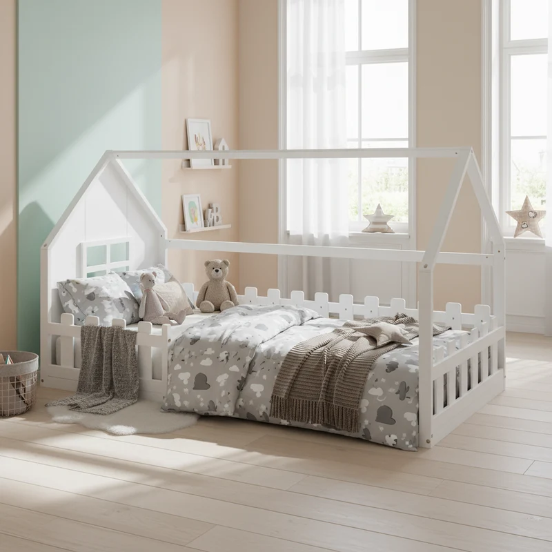 Lit enfant simple cabane en pin blanc, design maison, robuste et créatif 90x200 cm INFINITETHAL