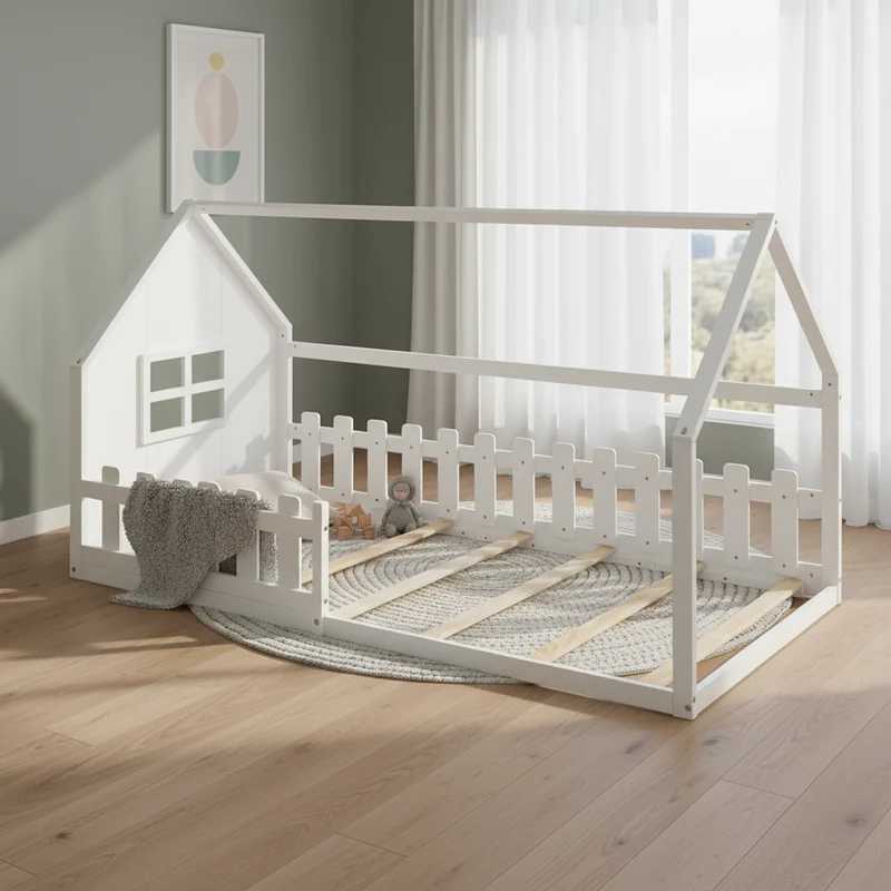 Lit enfant simple cabane en pin blanc, design maison, robuste et créatif 90x200 cm INFINITETHAL