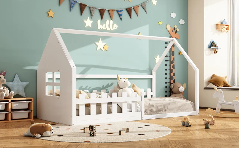 Lit enfant simple cabane en pin blanc, design maison, robuste et créatif 90x200 cm INFINITETHAL