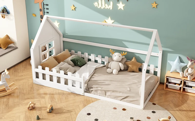 Lit enfant simple cabane en pin blanc, design maison, robuste et créatif 90x200 cm INFINITETHAL