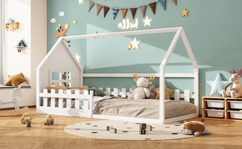 Lit enfant simple cabane en pin blanc, design maison, robuste et créatif 90x200 cm INFINITETHAL