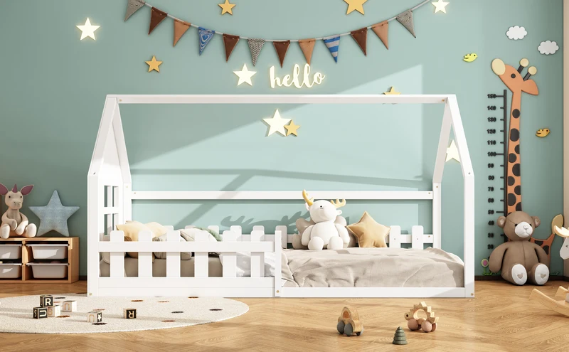 Lit enfant simple cabane en pin blanc, design maison, robuste et créatif 90x200 cm INFINITETHAL