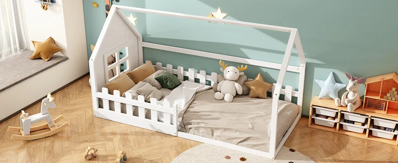 Lit enfant simple cabane en pin blanc, design maison, robuste et créatif 90x200 cm INFINITETHAL