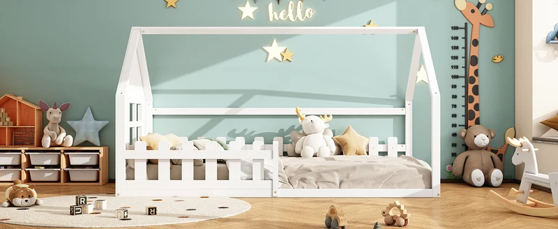 Lit enfant simple cabane en pin blanc, design maison, robuste et créatif 90x200 cm INFINITETHAL