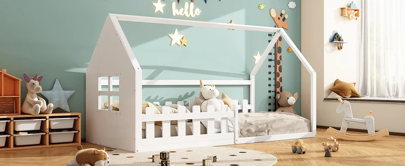 Lit enfant simple cabane en pin blanc, design maison, robuste et créatif 90x200 cm INFINITETHAL