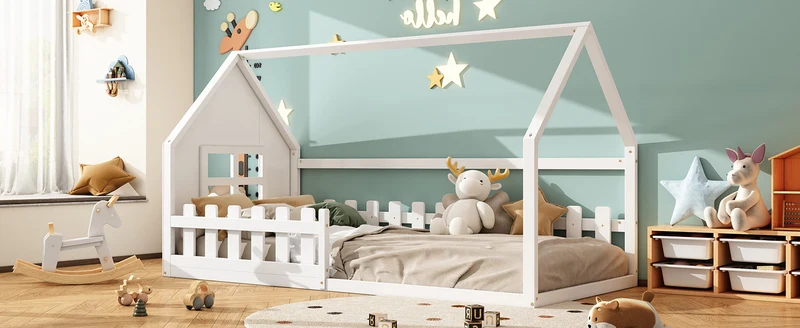Lit enfant simple cabane en pin blanc, design maison, robuste et créatif 90x200 cm INFINITETHAL
