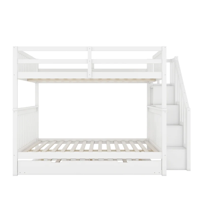 Lit double superposé blanc avec escaliers, rangements, 2 tiroirs, barrières hautes 140x200 cm INFINITEAERO