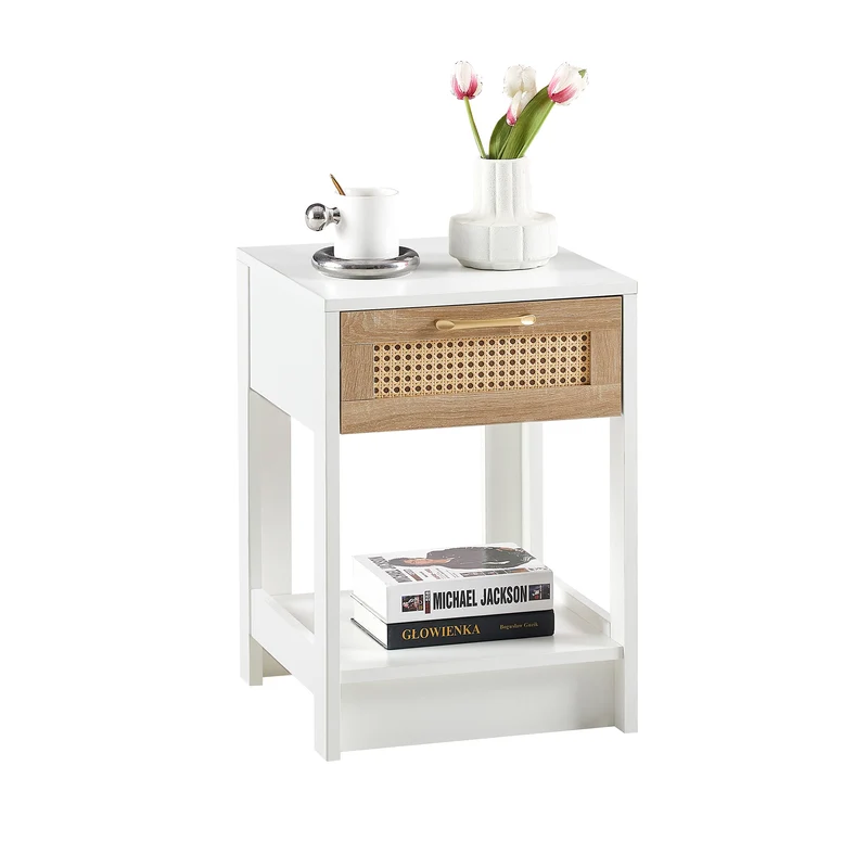 Table de chevet blanche tiroir en rotin 40x40x55cm FLARETERRA