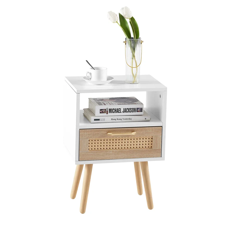 Table de chevet blanc et en rotin avec tiroir 55x40x30cm FLAREAERO