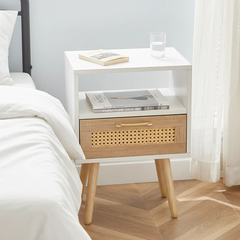 Table de chevet blanc et en rotin avec tiroir 55x40x30cm FLAREAERO