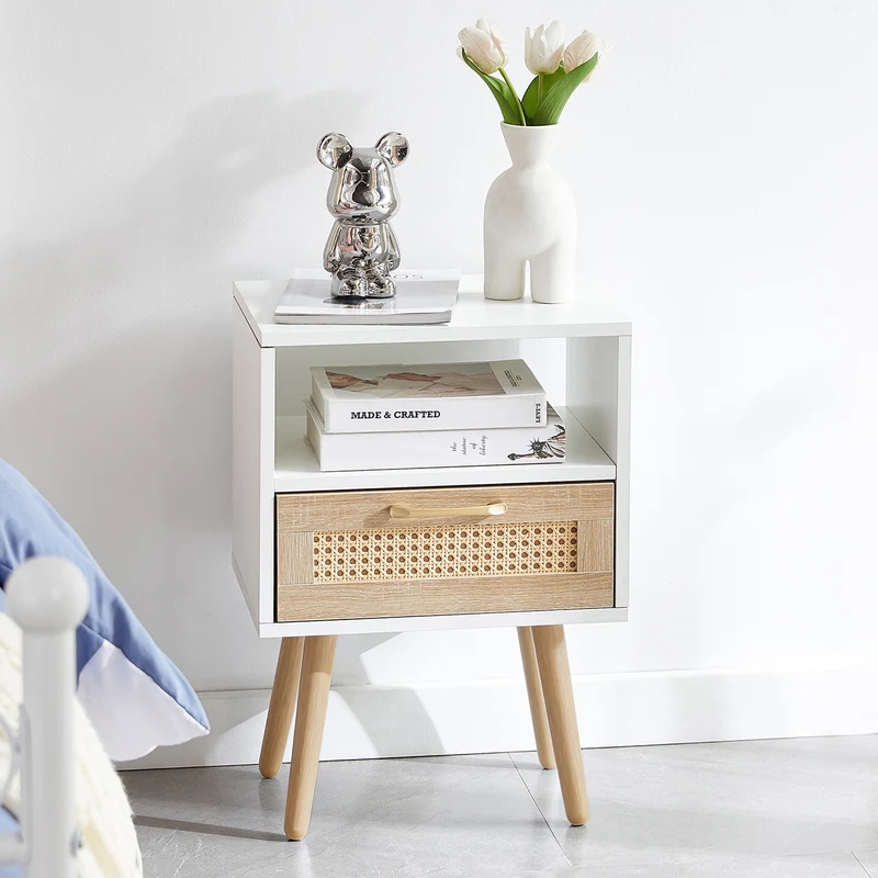Table de chevet blanc et en rotin avec tiroir 55x40x30cm FLAREAERO