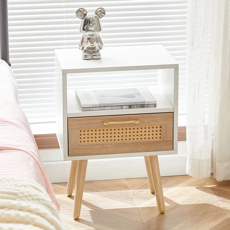 Table de chevet blanc et en rotin avec tiroir 55x40x30cm FLAREAERO