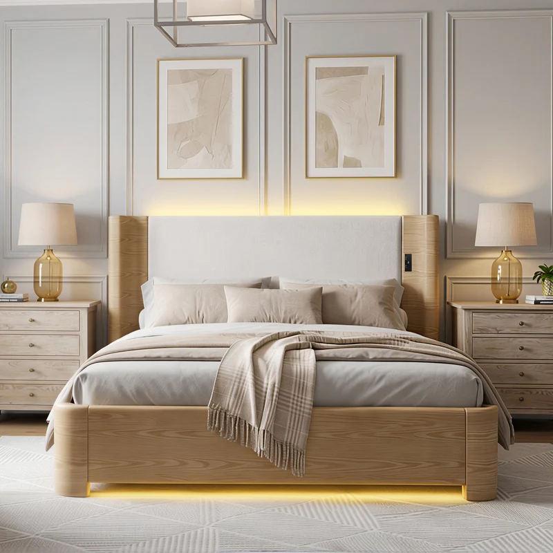 Lit coffre king size velours beige avec éclairage LED MINIMALISTDESK