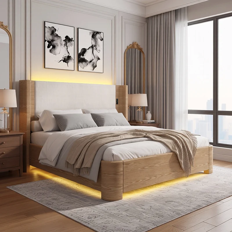 Lit coffre king size velours beige avec éclairage LED MINIMALISTDESK