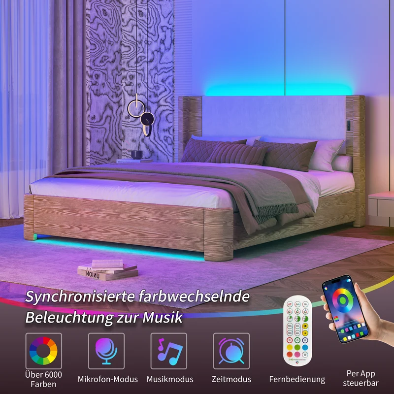 Lit coffre king size velours beige avec éclairage LED MINIMALISTDESK