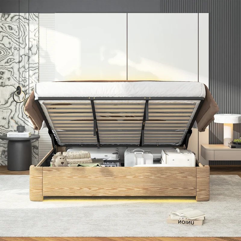 Lit coffre king size velours beige avec éclairage LED MINIMALISTDESK