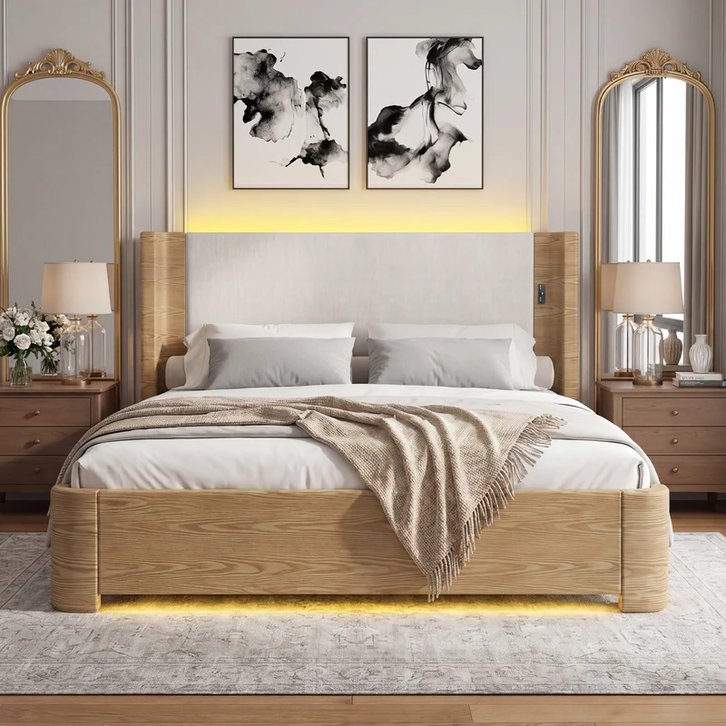Lit coffre king size velours beige avec éclairage LED MINIMALISTDESK