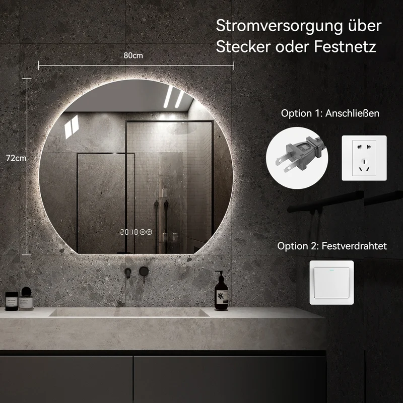 Steptoe Miroir Rond LED 80cm avec Lumière, Anti-Buée, Dimmable, 3 Couleurs – Miroir de Salle de Bain Moderne